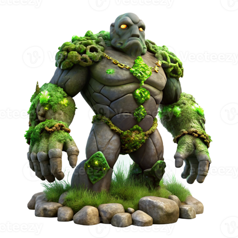 stunning contemporary A towering stone golem, covered in moss and vines, awakens in a forest clearing. Dim, mysterious lighting. Dark fantasy style high quality png