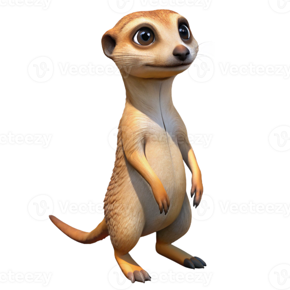 stunning vintage A curious meerkat standing on its hind legs, alert expression, desert landscape background, blurred, photorealistic style high quality png