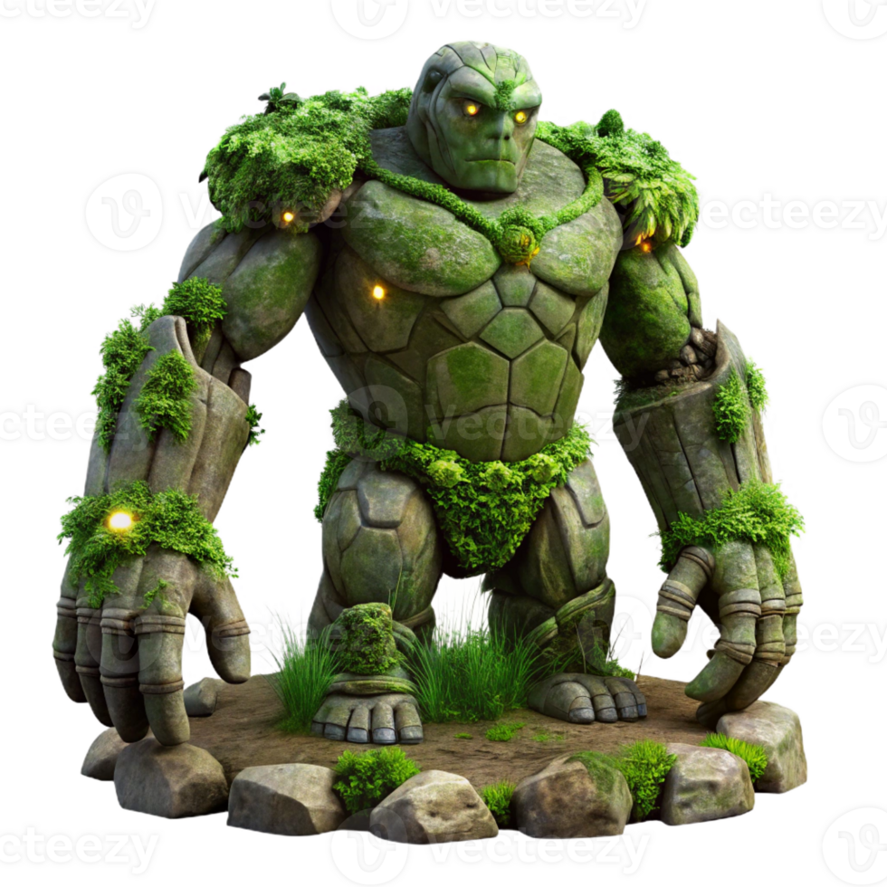 serene contemporary A towering stone golem, covered in moss and vines, awakens in a forest clearing. Dim, mysterious lighting. Dark fantasy style exclusive png