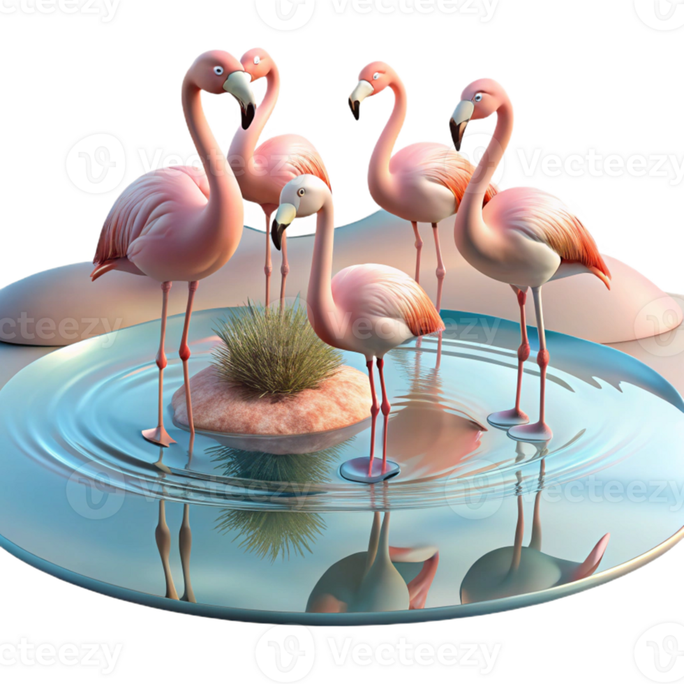 beautiful classic A group of flamingos wading in a shallow lake, reflections in the water, pastel colors, impressionistic style original png
