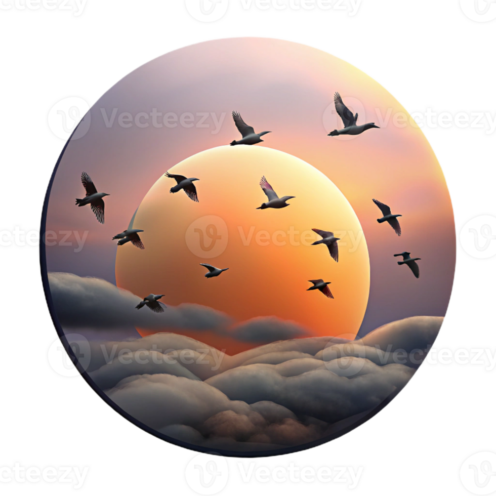 elegant modern A flock of birds flying in formation against a dramatic sunset sky, silhouette, minimalist style exclusive png