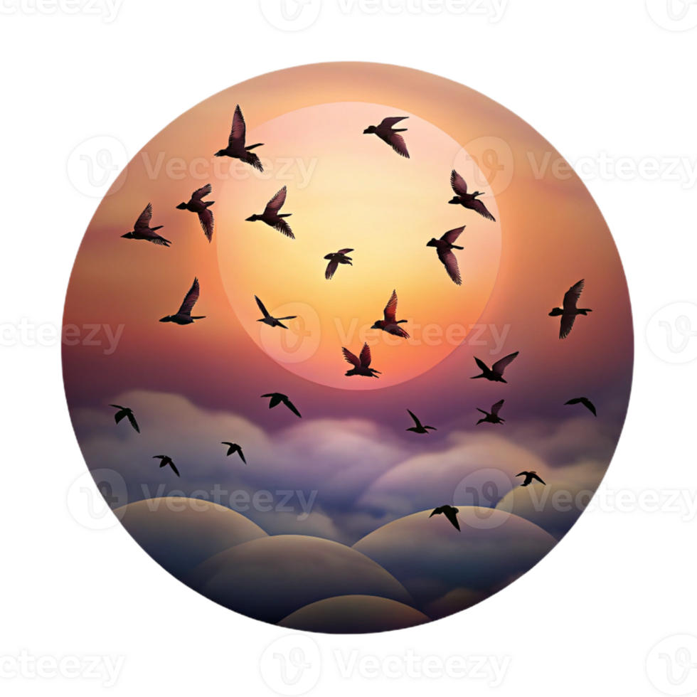 beautiful artistic A flock of birds flying in formation against a dramatic sunset sky, silhouette, minimalist style 4K png