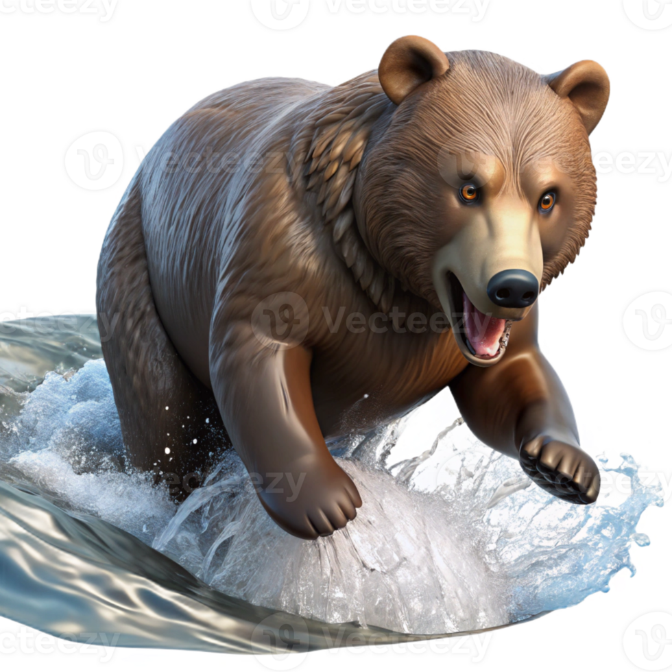 stunning minimalist A powerful grizzly bear fishing for salmon in a rushing river, dynamic lighting, action shot, photorealistic style authentic png