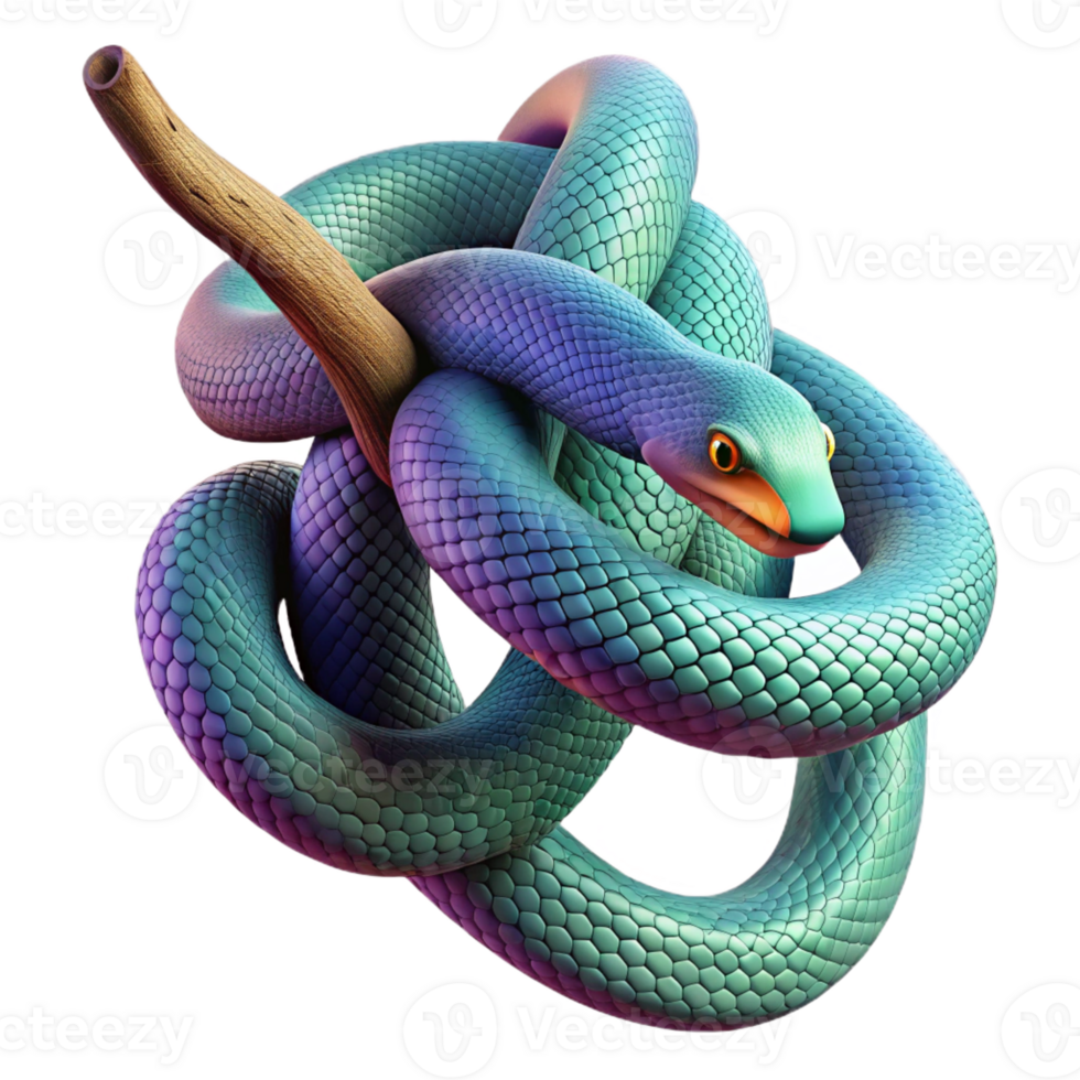 serene classic A slithering snake with vibrant scales, coiled around a branch, macro photography style high quality png