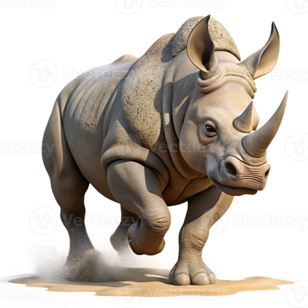 wonderful classic A powerful rhinoceros charging through the savanna, dust rising from its feet, dynamic lighting, action shot, photorealistic style original png