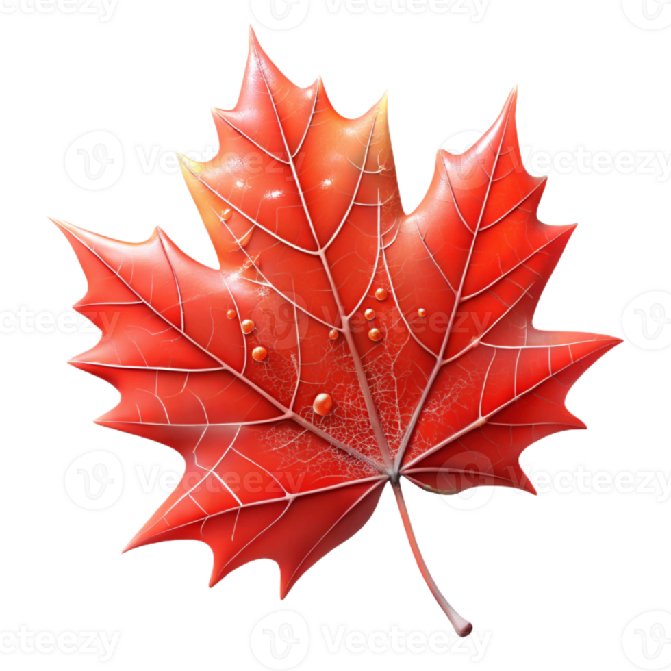 extraordinary classic A single, perfect red maple leaf, caught in a spiderweb glistening with morning dew, lit by soft, diffused sunlight. Hyperrealistic style original png
