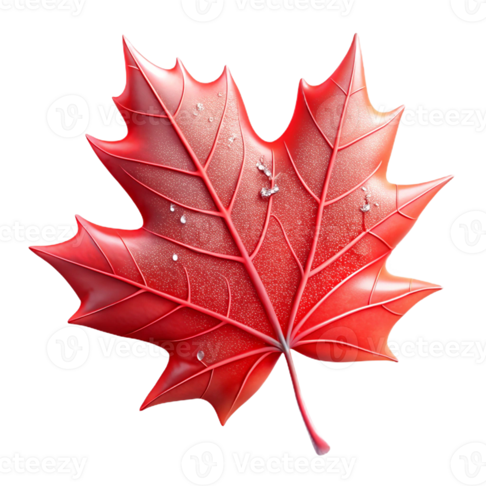 elegant contemporary A single, perfect red maple leaf, caught in a spiderweb glistening with morning dew, lit by soft, diffused sunlight. Hyperrealistic style authentic png