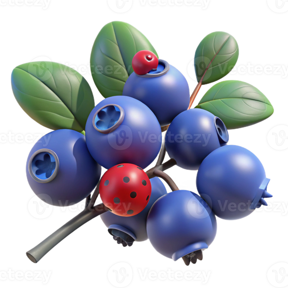 vibrant artistic A cluster of ripe blueberries on a branch, with a single ladybug crawling on one berry. Naturalistic lighting, bokeh effect premium png