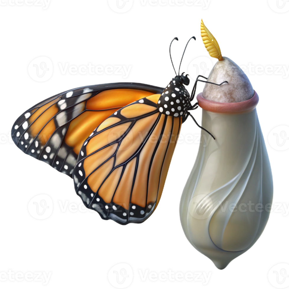 vibrant classic A monarch butterfly emerging from its chrysalis, wings still wet and crumpled. Macro photography, soft lighting genuine png