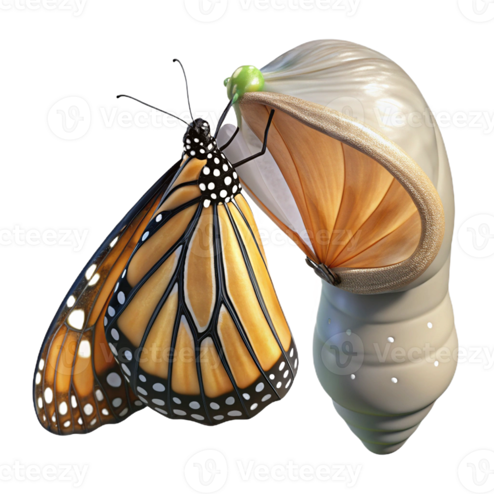 elegant artistic A monarch butterfly emerging from its chrysalis, wings still wet and crumpled. Macro photography, soft lighting exclusive png