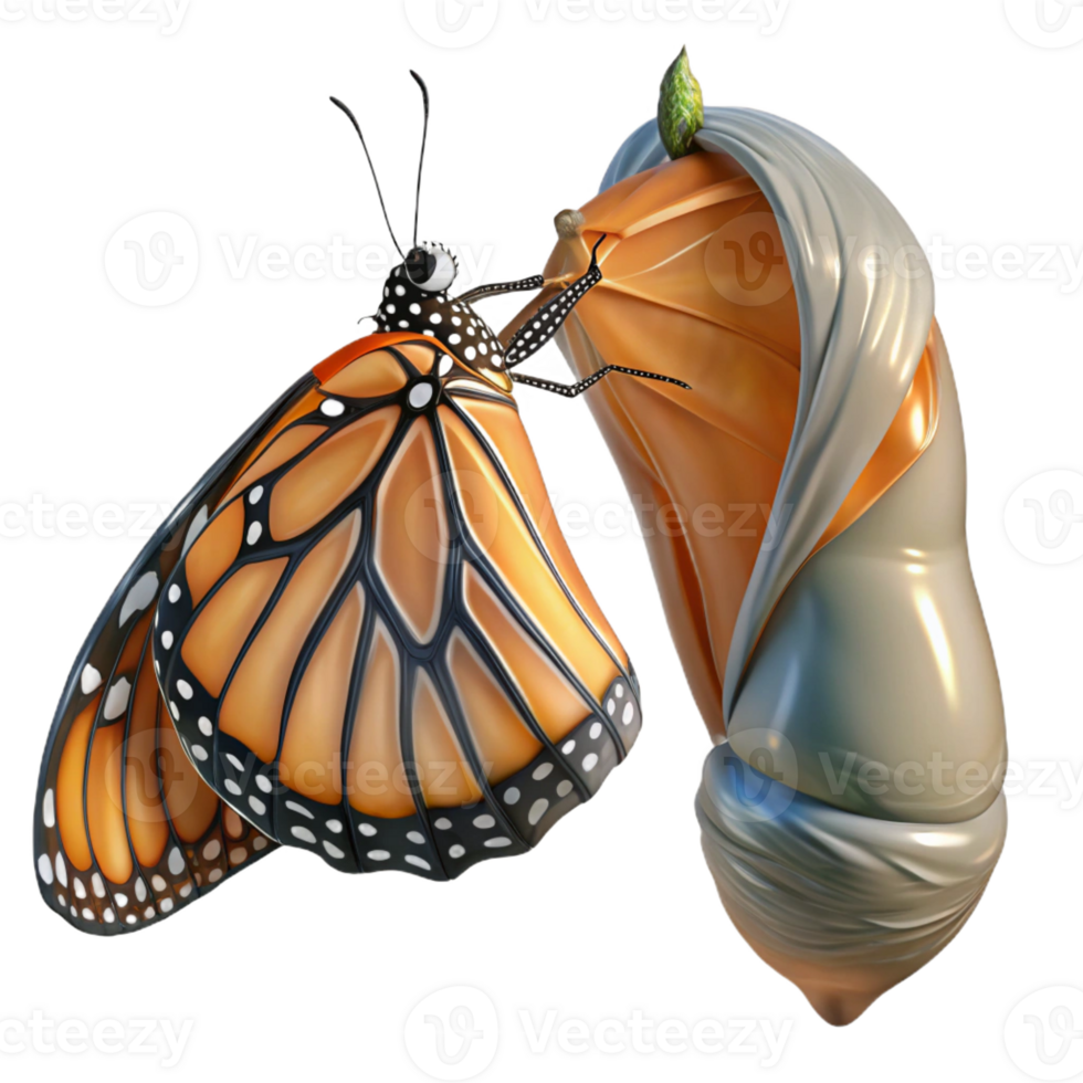 wonderful vintage A monarch butterfly emerging from its chrysalis, wings still wet and crumpled. Macro photography, soft lighting premium png