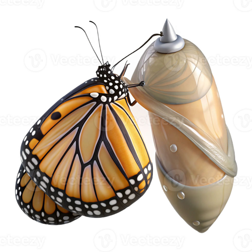wonderful abstract A monarch butterfly emerging from its chrysalis, wings still wet and crumpled. Macro photography, soft lighting detailed png