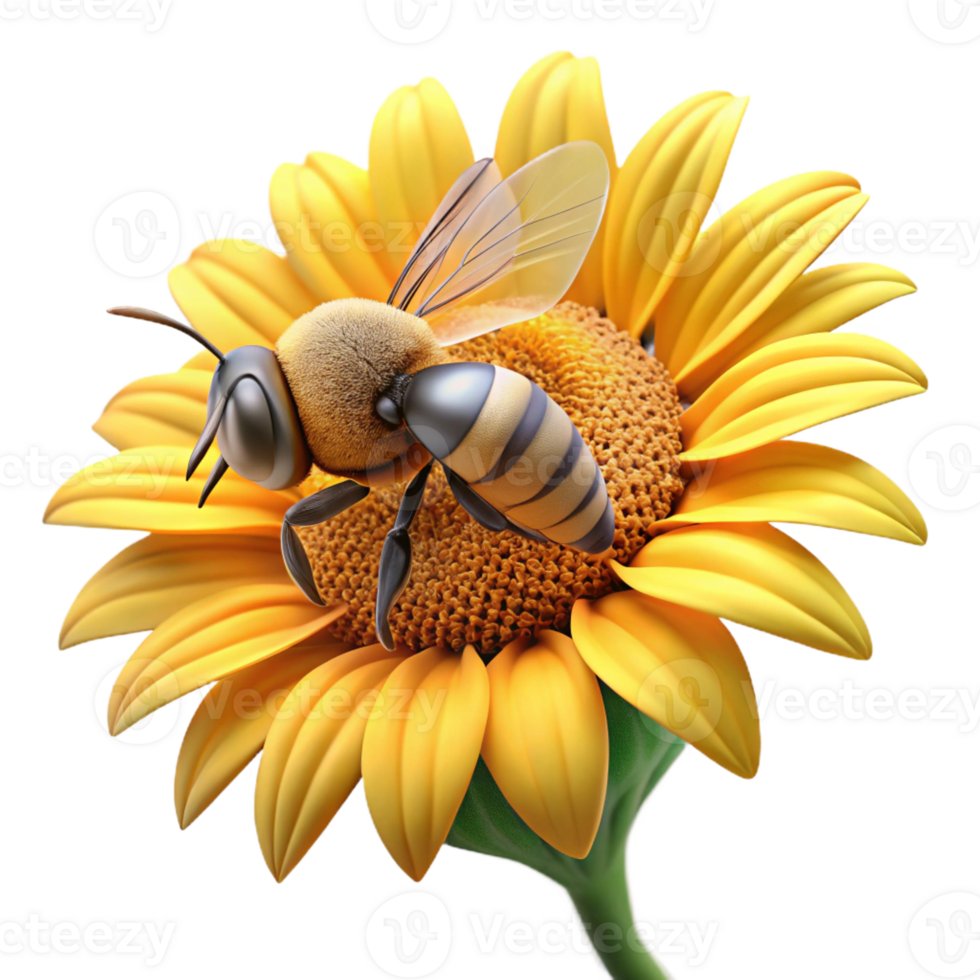 impressive minimalist A close-up of a bee collecting pollen from a sunflower, with visible pollen grains. Macro photography, warm sunlight detailed png