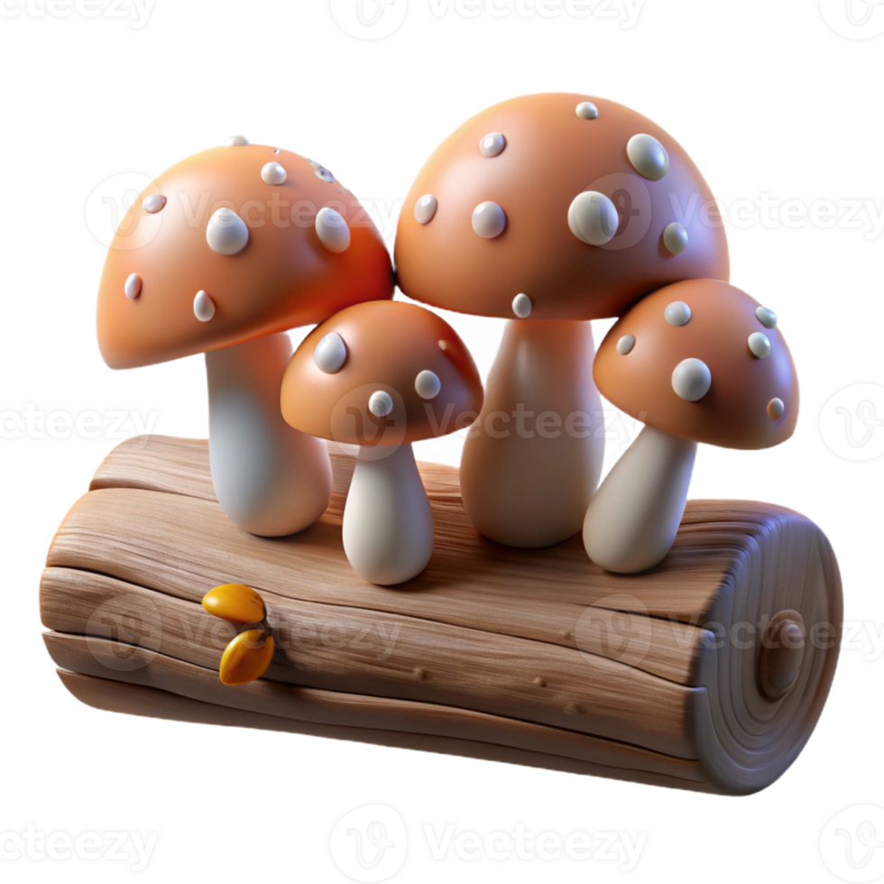 magnificent artistic A group of mushrooms growing on a fallen log, with dew drops on their caps. Soft, diffused lighting authentic png