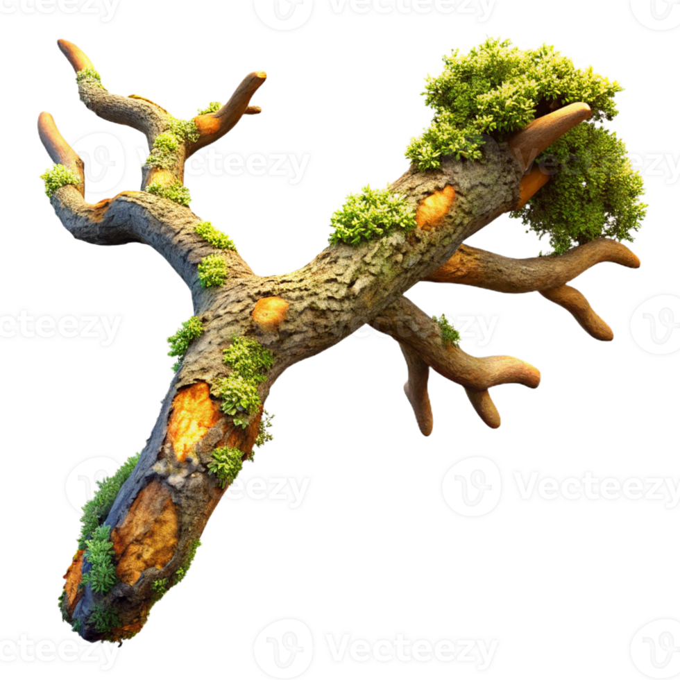 vibrant contemporary A gnarled oak tree branch covered in moss and lichen, lit by golden hour sunlight. Realistic style, detailed textures premium png