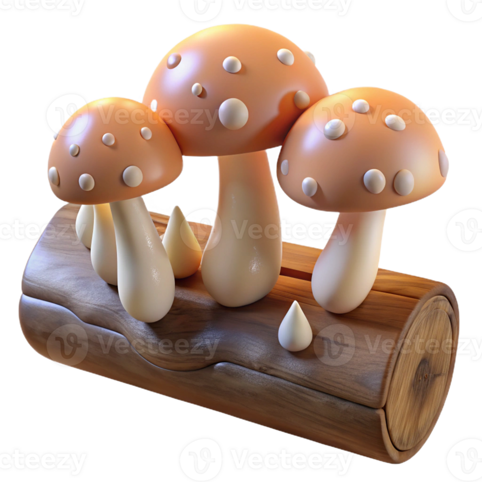 vibrant vintage A group of mushrooms growing on a fallen log, with dew drops on their caps. Soft, diffused lighting genuine png