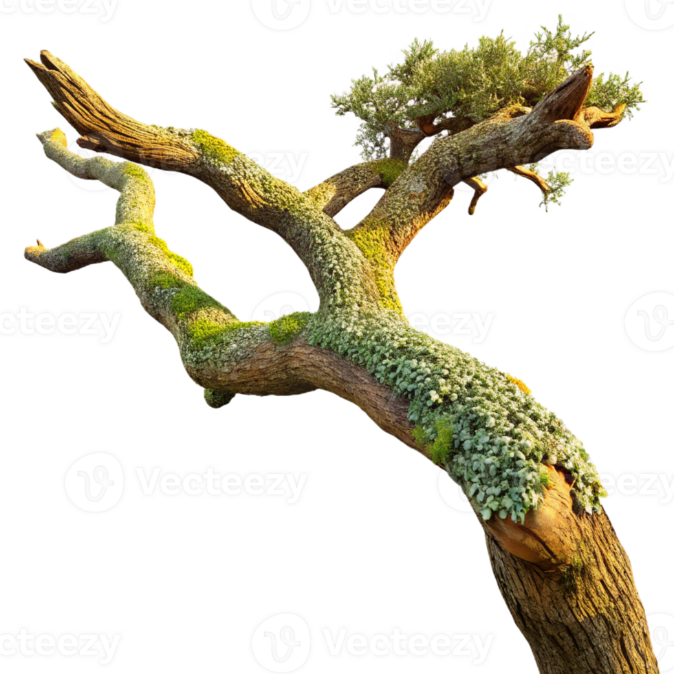 wonderful vintage A gnarled oak tree branch covered in moss and lichen, lit by golden hour sunlight. Realistic style, detailed textures premium png