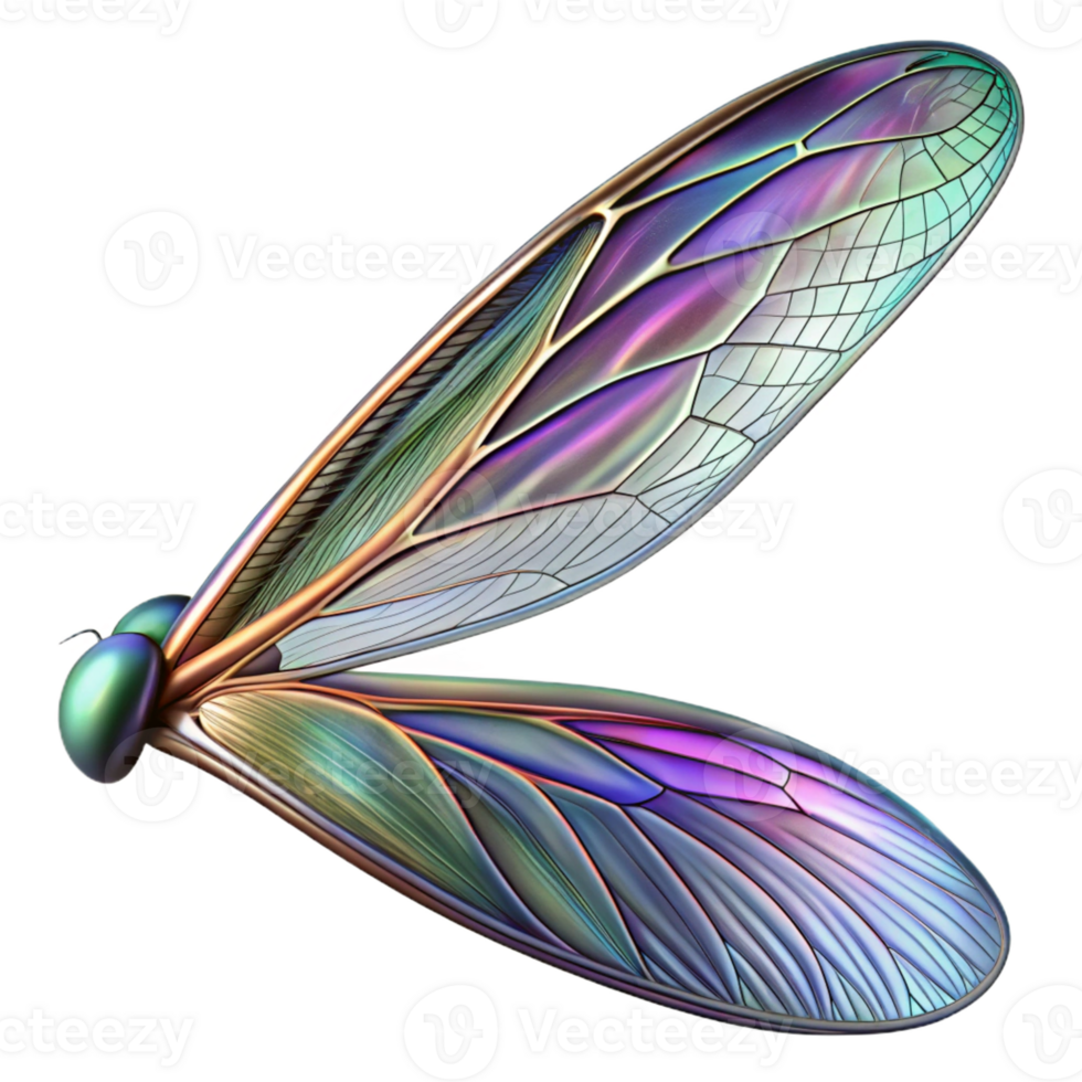 serene creative A close-up of a dragonfly's wing, iridescent colors and intricate venation. Macro photography, backlighting premium png
