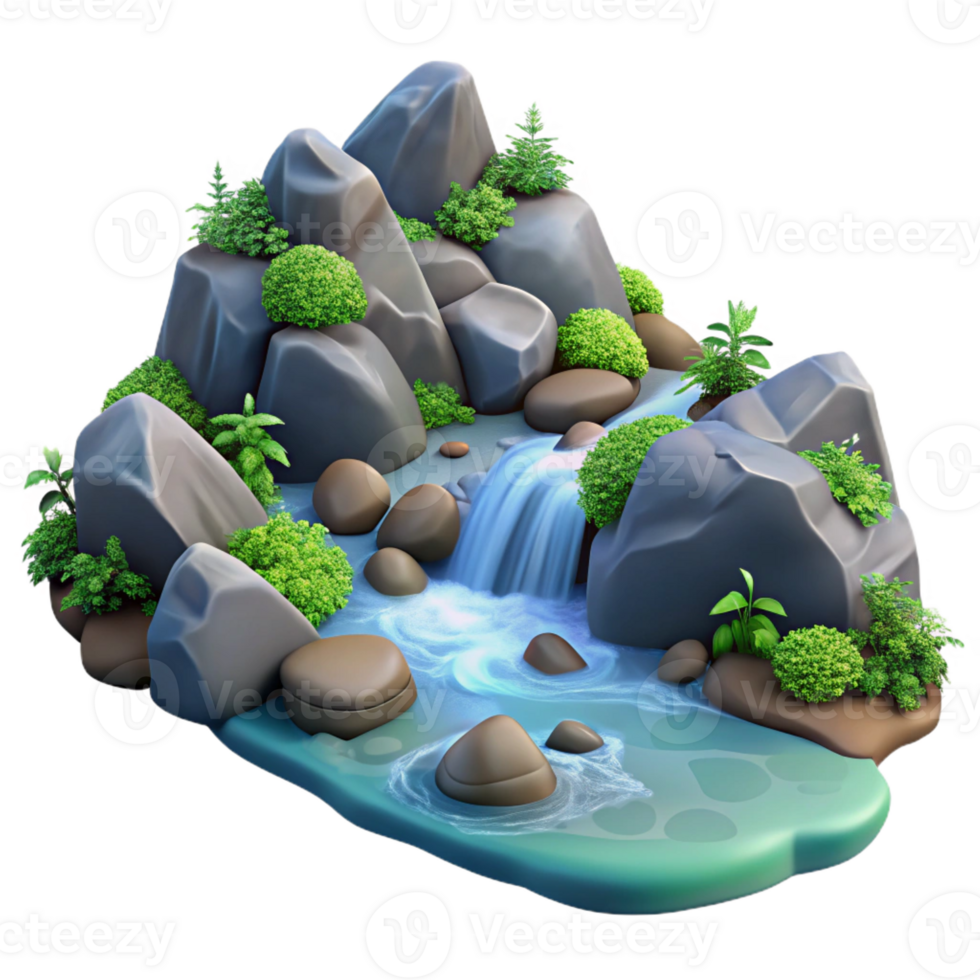 serene vintage A bubbling mountain stream flowing over smooth rocks, surrounded by lush vegetation. Realistic style, natural lighting genuine png