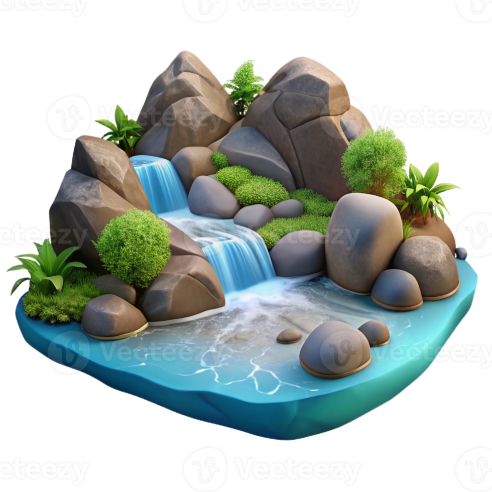 wonderful minimalist A bubbling mountain stream flowing over smooth rocks, surrounded by lush vegetation. Realistic style, natural lighting exclusive png