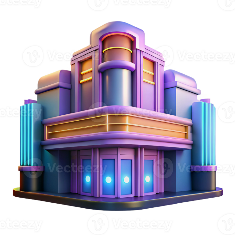 elegant artistic An Art Deco cinema, vibrant neon signs illuminating its facade, rain-slicked streets reflecting the light, cinematic lighting, digital art authentic png