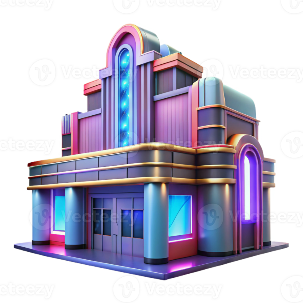 elegant rustic An Art Deco cinema, vibrant neon signs illuminating its facade, rain-slicked streets reflecting the light, cinematic lighting, digital art premium png