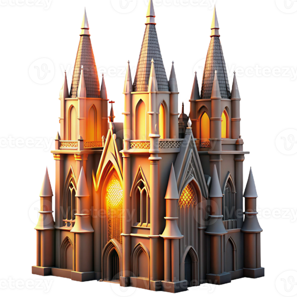 serene classic A towering Gothic skyscraper, intricate gargoyles perched along its spires, bathed in the warm glow of a setting sun, rendered in a hyperrealistic style high quality png