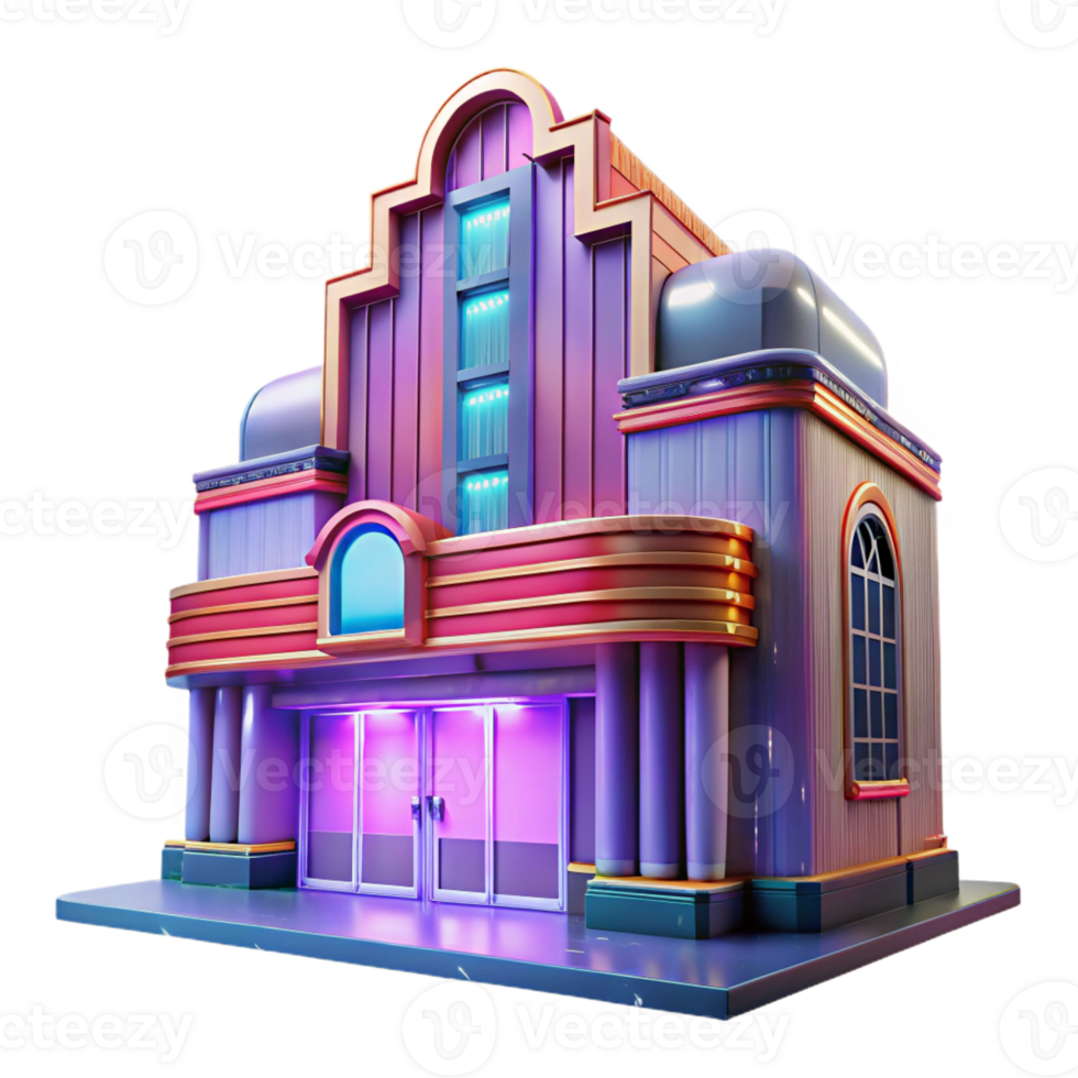 impressive artistic An Art Deco cinema, vibrant neon signs illuminating its facade, rain-slicked streets reflecting the light, cinematic lighting, digital art genuine png