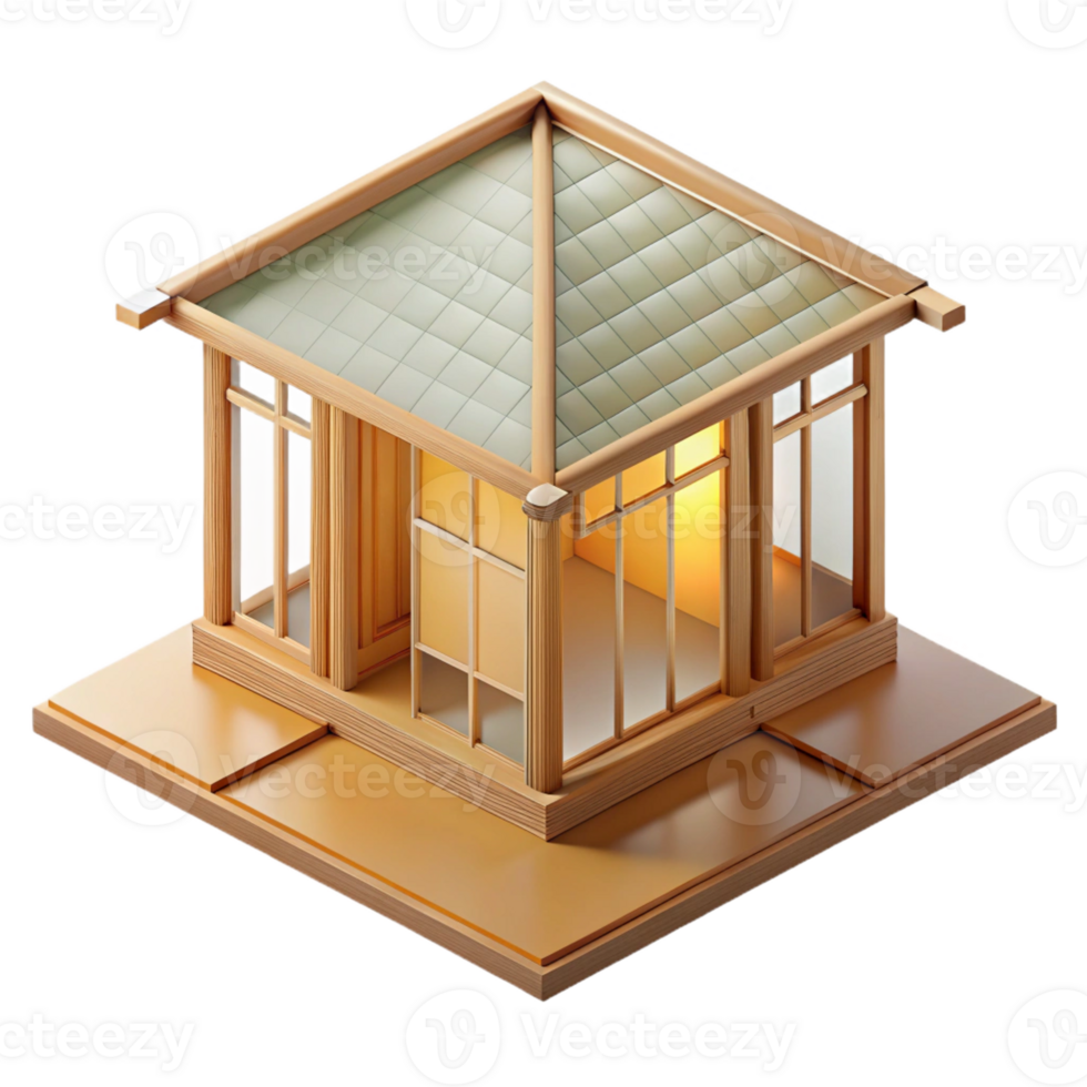 serene classic A minimalist Japanese tea house, constructed of bamboo and translucent paper walls, soft, diffused natural light, isometric view original png
