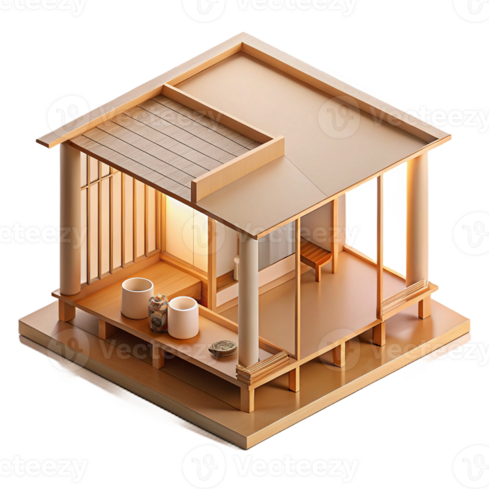 serene creative A minimalist Japanese tea house, constructed of bamboo and translucent paper walls, soft, diffused natural light, isometric view exclusive png