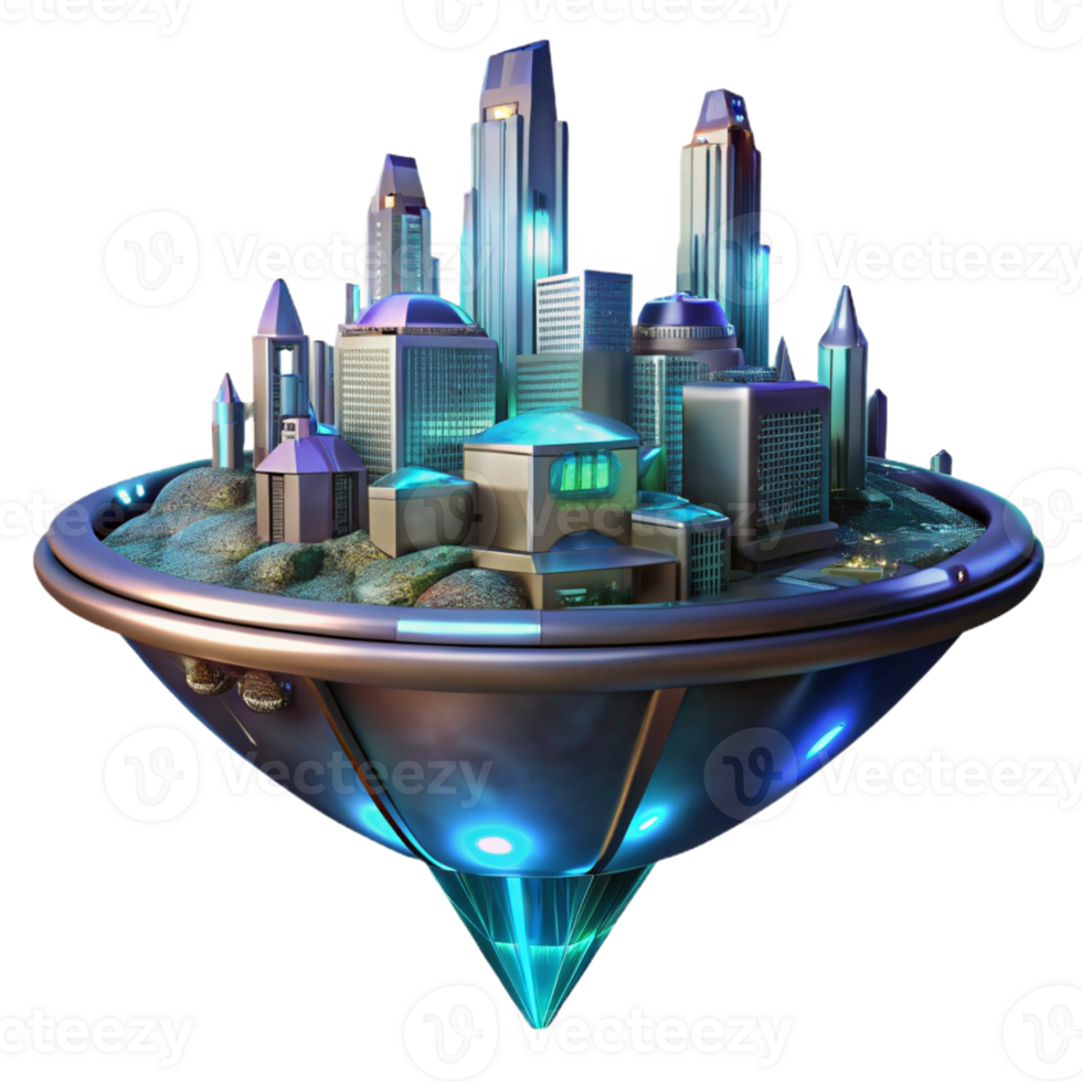 stunning artistic A futuristic floating city, glowing with bioluminescent light, sleek, metallic surfaces, cyberpunk style 4K png