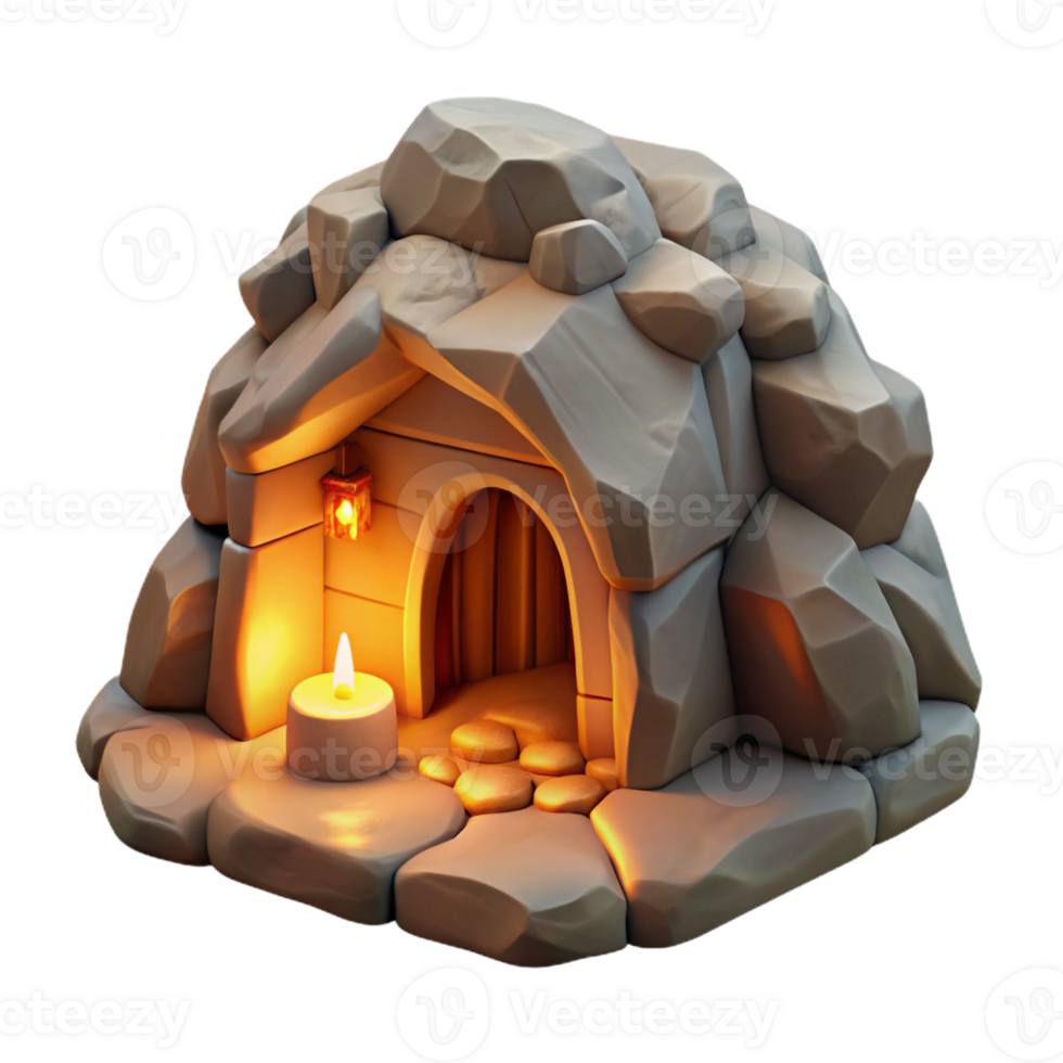 stunning modern A subterranean dwelling carved into a rock face, warm firelight flickering within, rustic, painterly style exclusive png
