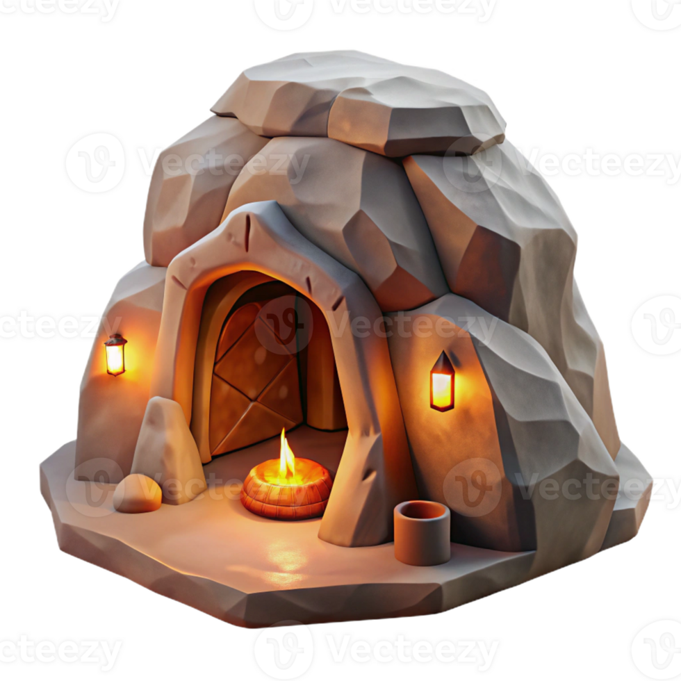 elegant abstract A subterranean dwelling carved into a rock face, warm firelight flickering within, rustic, painterly style exclusive png