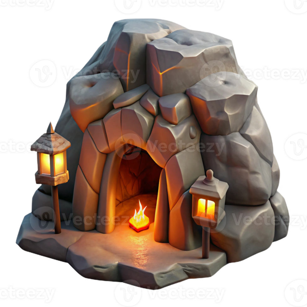 wonderful creative A subterranean dwelling carved into a rock face, warm firelight flickering within, rustic, painterly style original png