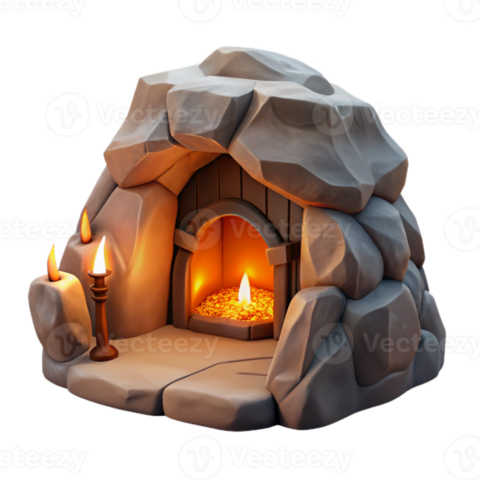extraordinary creative A subterranean dwelling carved into a rock face, warm firelight flickering within, rustic, painterly style premium png
