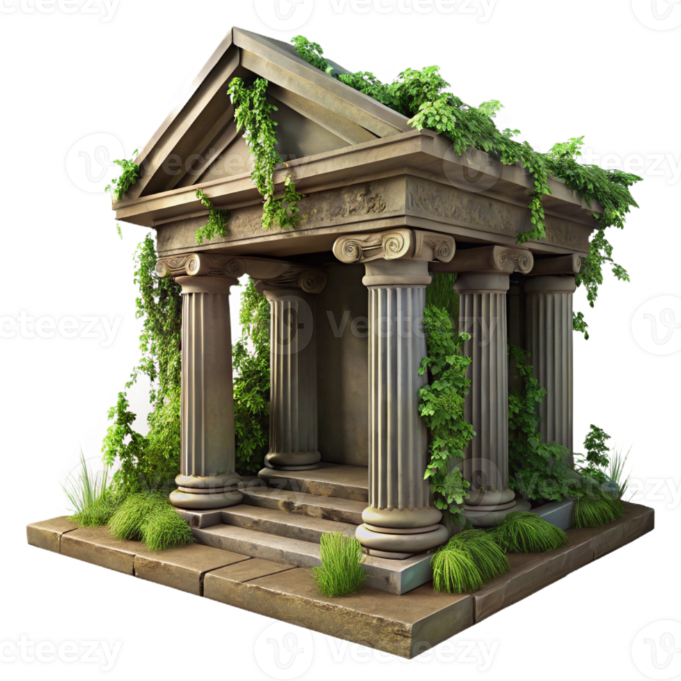 magnificent classic A crumbling ancient Roman temple, overgrown with vines and moss, dramatic lighting, digital painting detailed png