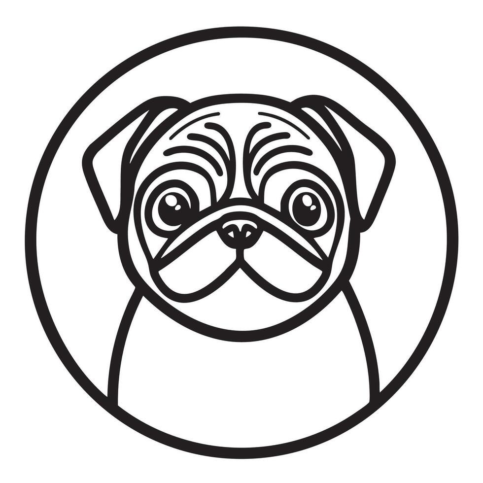 cute logo featuring stylized pug dog with distinct facial features and round outline. This design captures playful and charming essence of breed, making it perfect for pet related branding vector