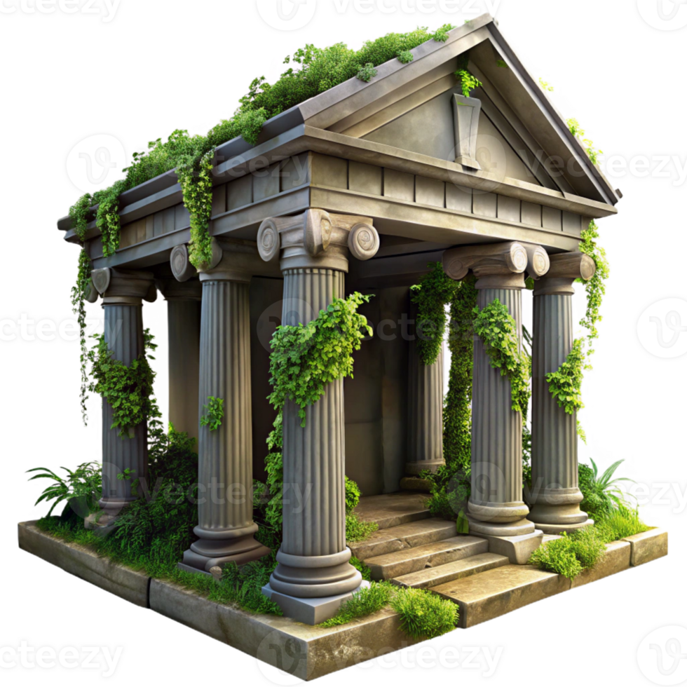 dramatic vintage A crumbling ancient Roman temple, overgrown with vines and moss, dramatic lighting, digital painting high resolution png