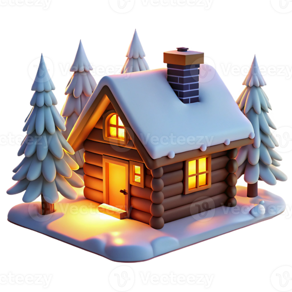 elegant contemporary A cozy log cabin nestled in a snowy forest, warm light emanating from the windows, rustic, realistic style detailed png