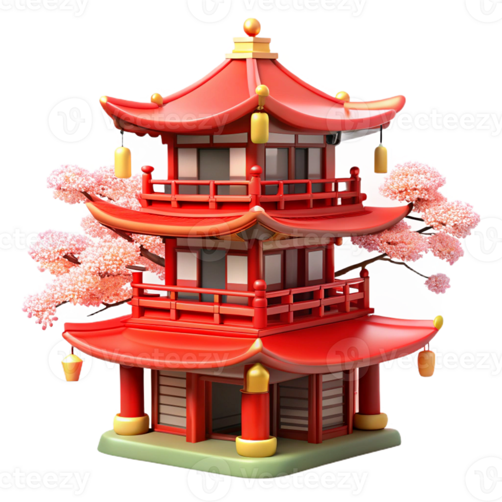 stunning traditional A traditional Japanese pagoda, vibrant red and gold details, cherry blossoms in the foreground, anime style professional png