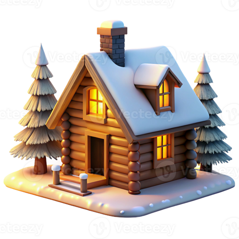 vibrant abstract A cozy log cabin nestled in a snowy forest, warm light emanating from the windows, rustic, realistic style genuine png