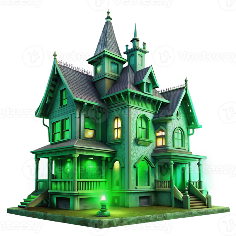extraordinary contemporary A dilapidated Victorian mansion, shrouded in fog, eerie green lighting, horror style genuine png