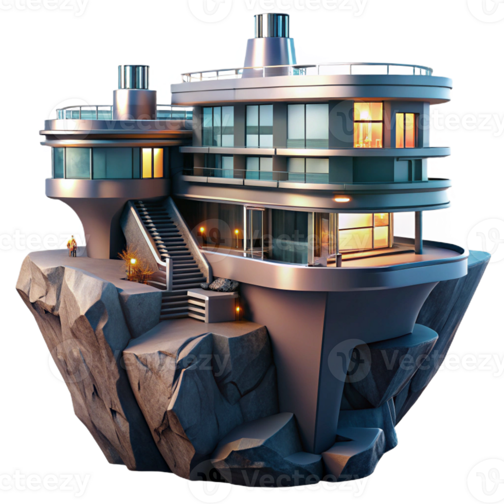 vibrant traditional A futuristic apartment complex built into a cliff face, sleek, metallic design, dramatic lighting, sci-fi art original png