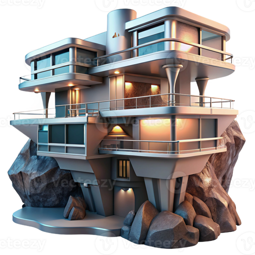 extraordinary creative A futuristic apartment complex built into a cliff face, sleek, metallic design, dramatic lighting, sci-fi art high resolution png