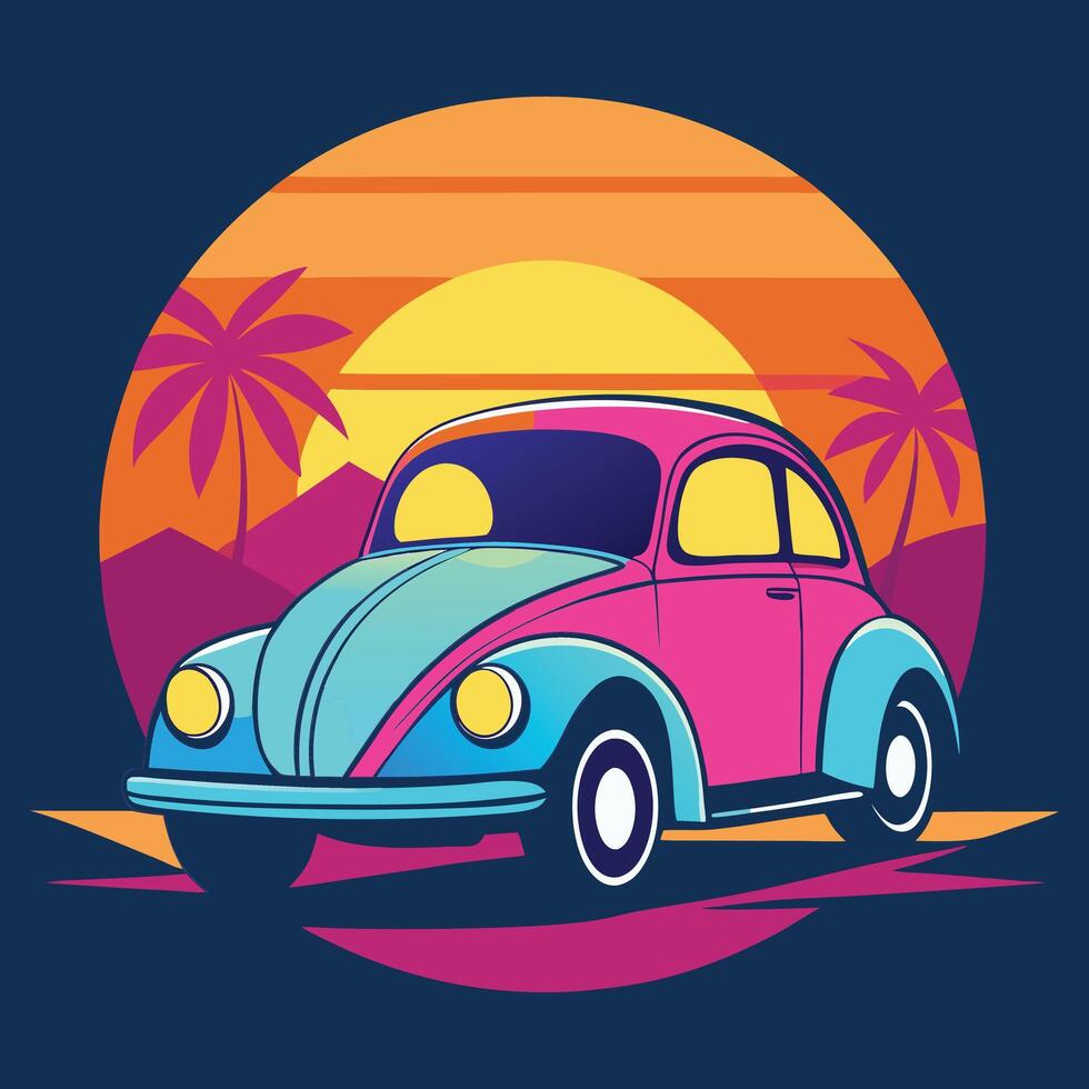 a cartoon car with palm trees and a sunset in the background vector