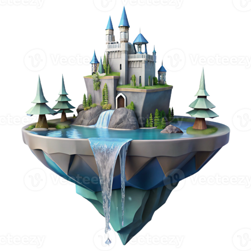 stunning modern A floating island with a castle perched on top, waterfalls cascading down the sides, fantasy art, dramatic lighting genuine png