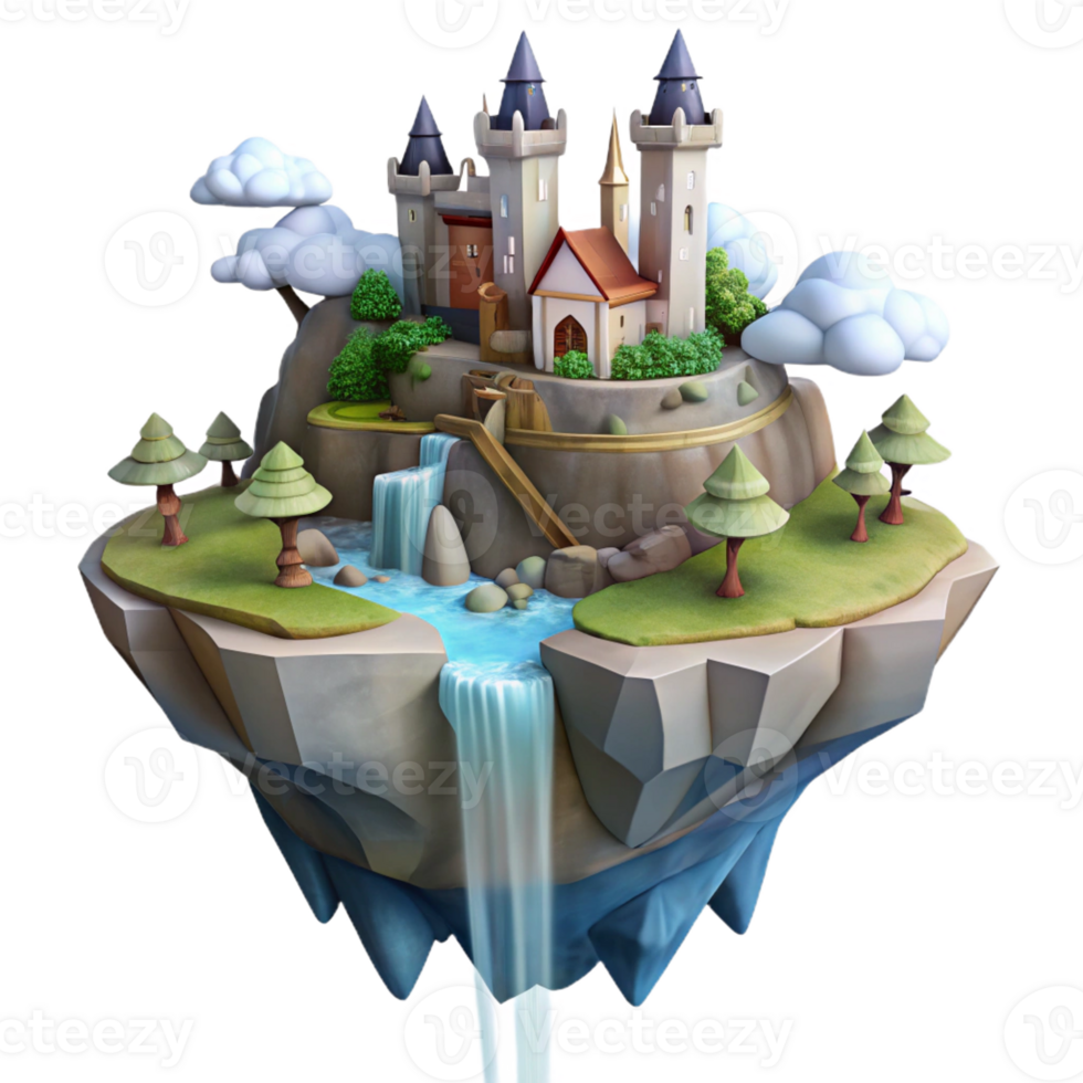 extraordinary creative A floating island with a castle perched on top, waterfalls cascading down the sides, fantasy art, dramatic lighting high resolution png