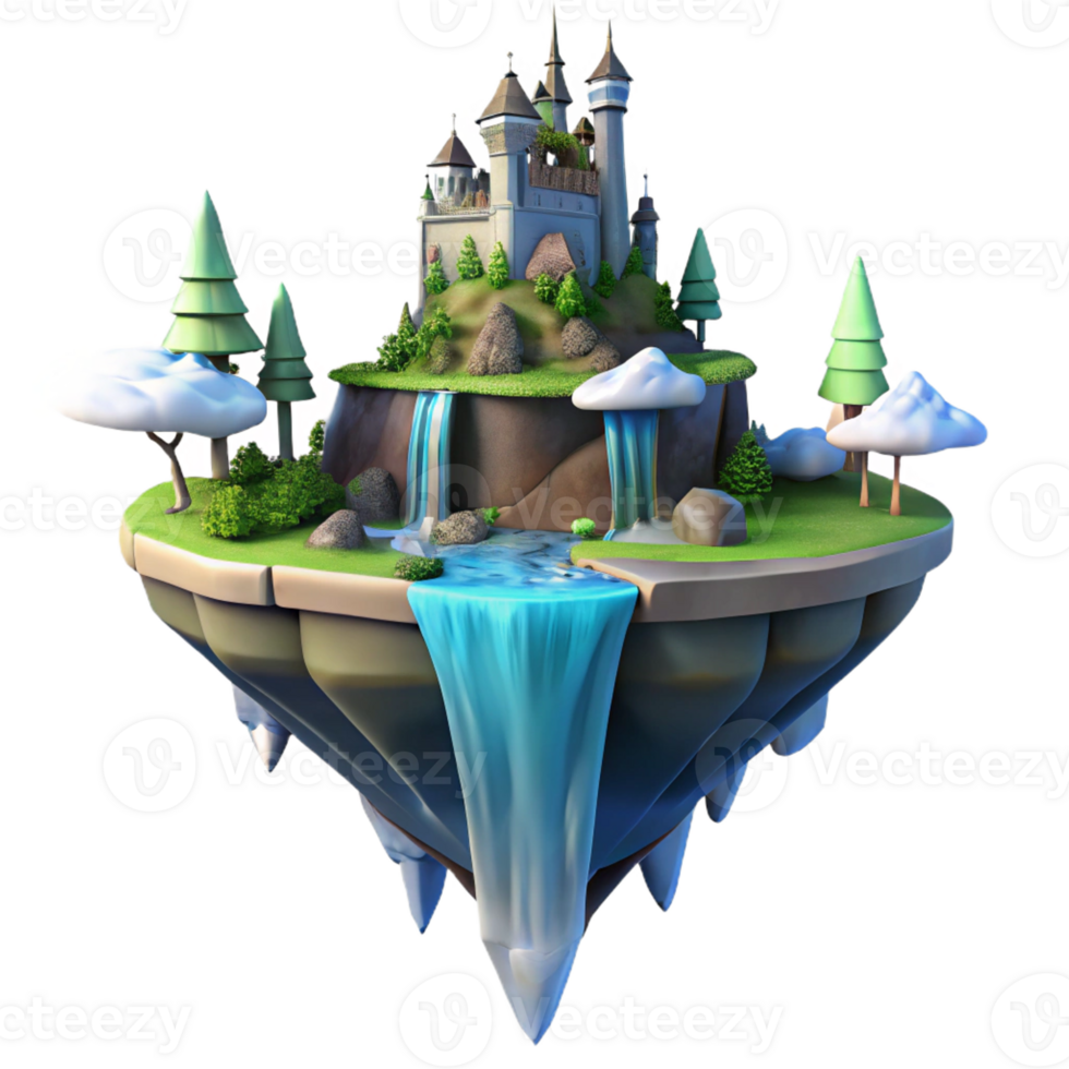 beautiful vintage A floating island with a castle perched on top, waterfalls cascading down the sides, fantasy art, dramatic lighting premium png