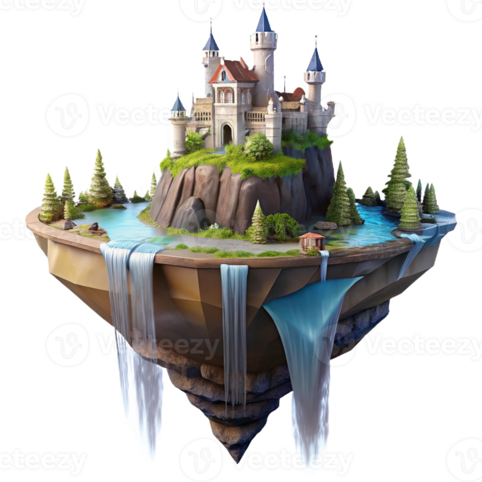 vibrant traditional A floating island with a castle perched on top, waterfalls cascading down the sides, fantasy art, dramatic lighting authentic png