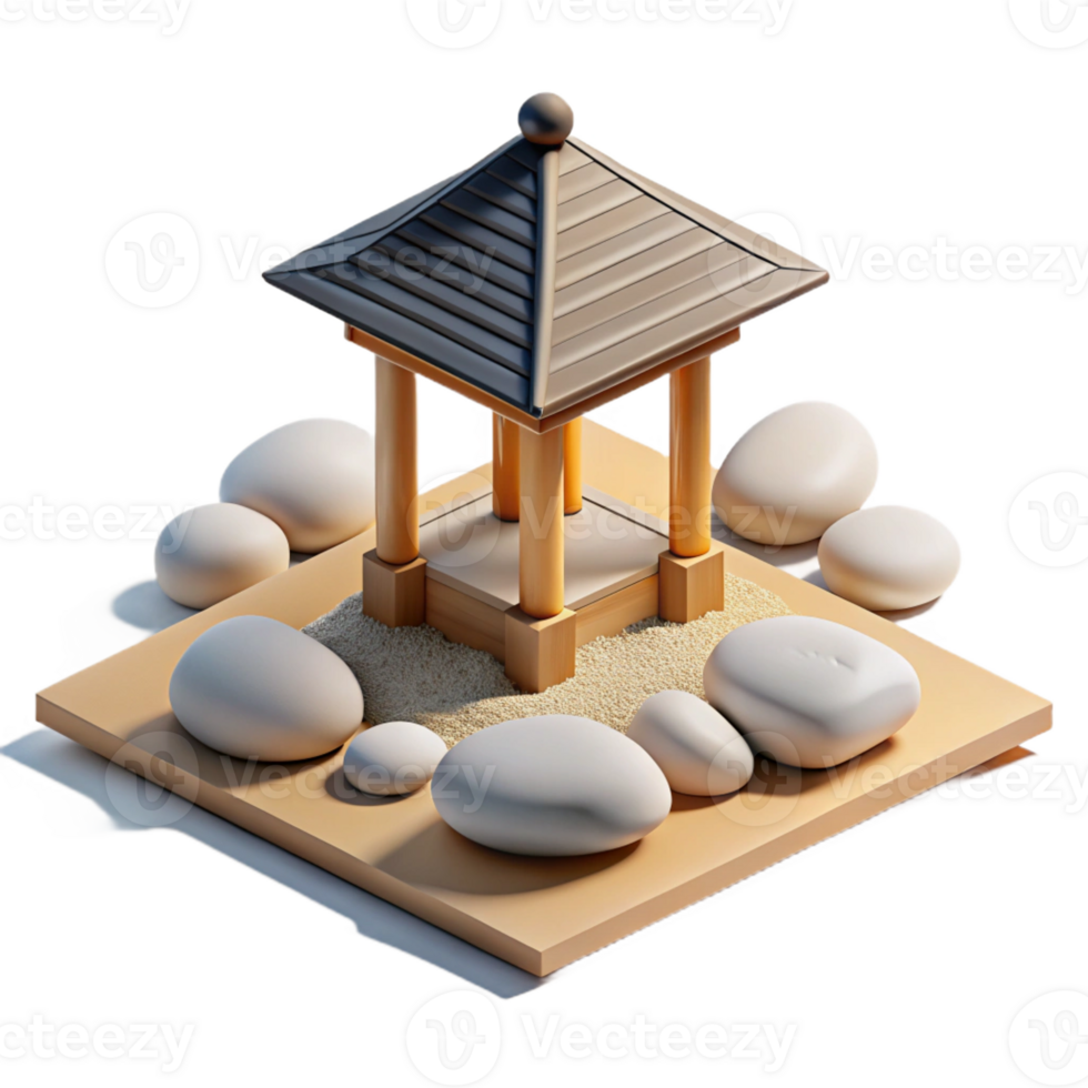 wonderful creative A serene Zen garden with a minimalist pavilion, raked gravel and carefully placed rocks, soft, natural lighting genuine png
